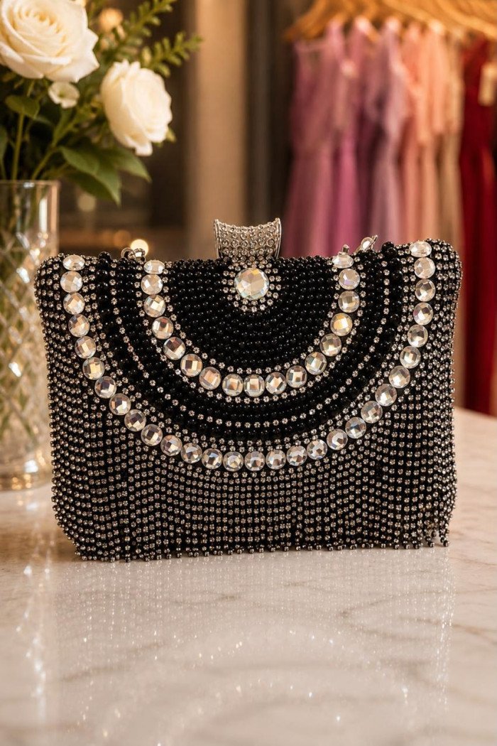 BOLSA VENEZA CRISTAIS E PÉROLAS FRANJA - PRETO/PRATA