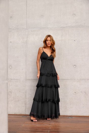 VESTIDO TOULOSE POÁ CAMADAS COM RENDA - PRETO