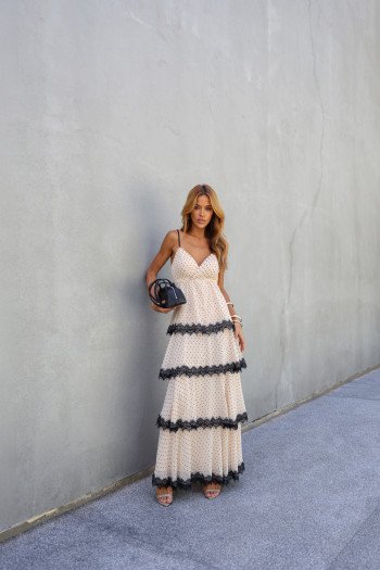 VESTIDO TOULOSE POÁ CAMADAS COM RENDA - BEGE