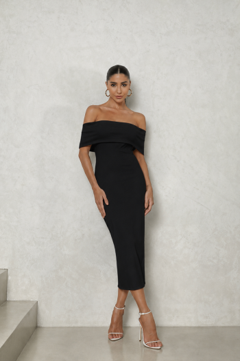 VESTIDO JENNIFER CANELADO OMBRO A OMBRO - PRETO