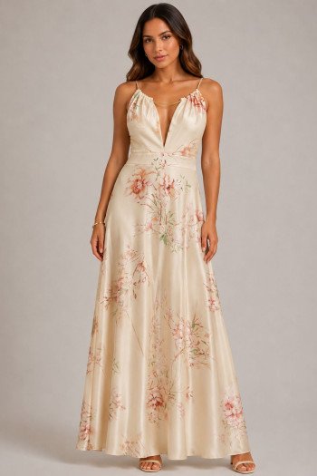 VESTIDO ESTAMPADO ACETINADO TUANE - CHAMPAGNE
