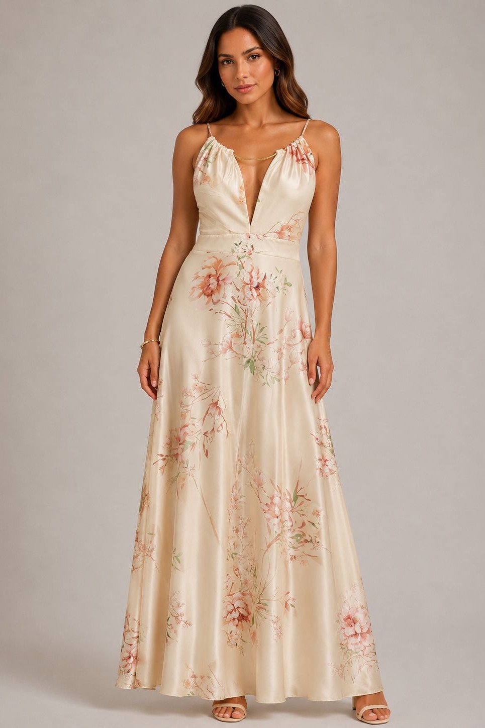 VESTIDO ESTAMPADO ACETINADO TUANE - CHAMPAGNE