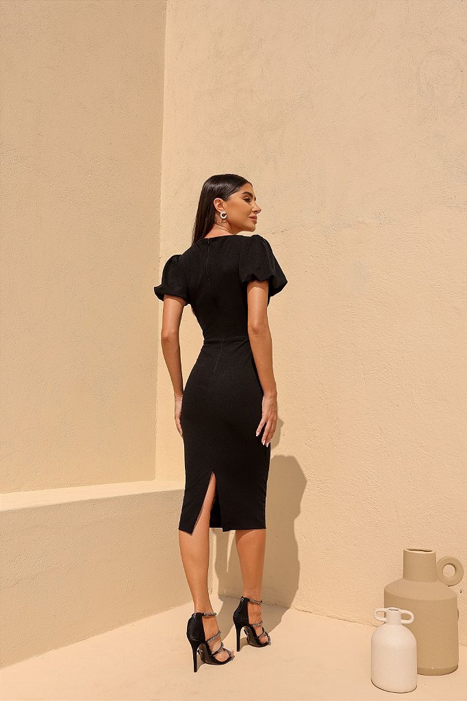 VESTIDO CLARA MIDI MANGA BALONÊ  - PRETO