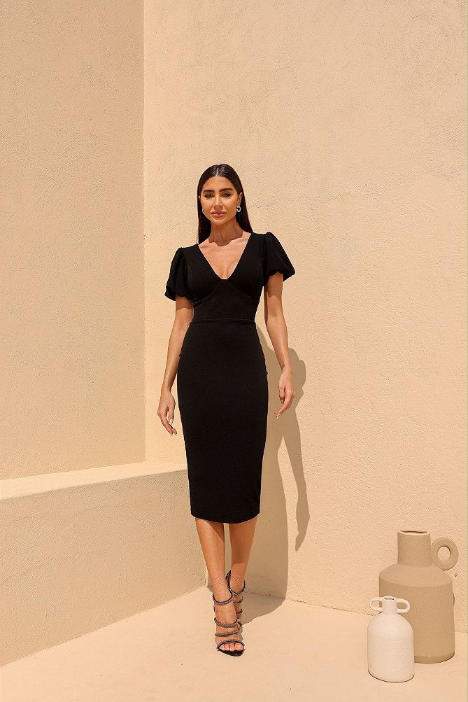 VESTIDO CLARA MIDI MANGA BALONÊ  - PRETO