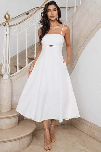 VESTIDO MIDI AMANDA DETALHE VAZADO COM BOLSOS - OFF WHITE