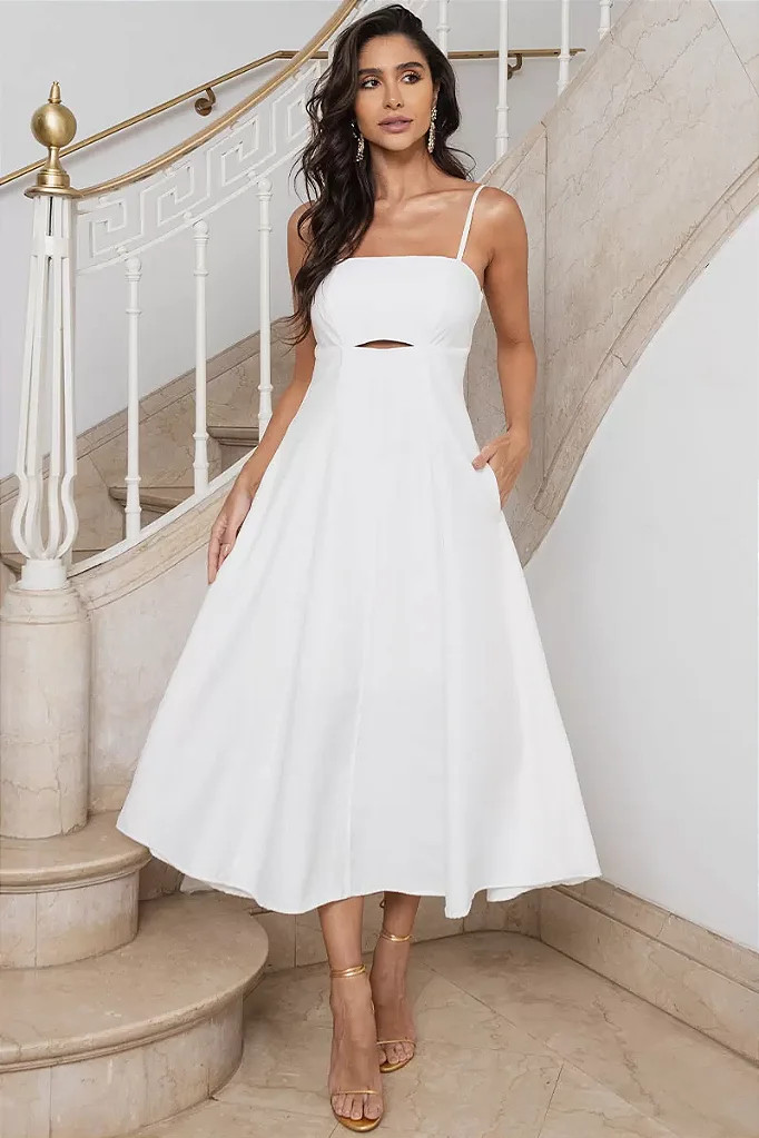 VESTIDO MIDI AMANDA DETALHE VAZADO COM BOLSOS - OFF WHITE