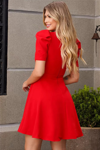 VESTIDO RAISSA COM DETALHE BARBATANA E MANGA COM PREGAS - VERMELHO