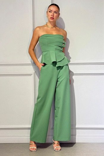 CONJUNTO LEBLON ALFAITARIA BLUSA PEPLUM DETALHE BOTÕES - VERDE