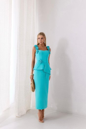VESTIDO NEW ROMANTICS LONGUETE ALFAIATARIA - TURQUESA