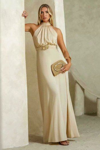 VESTIDO LONGO TALITA FRENTE ÚNICA DETALHE FIVELA - BEGE