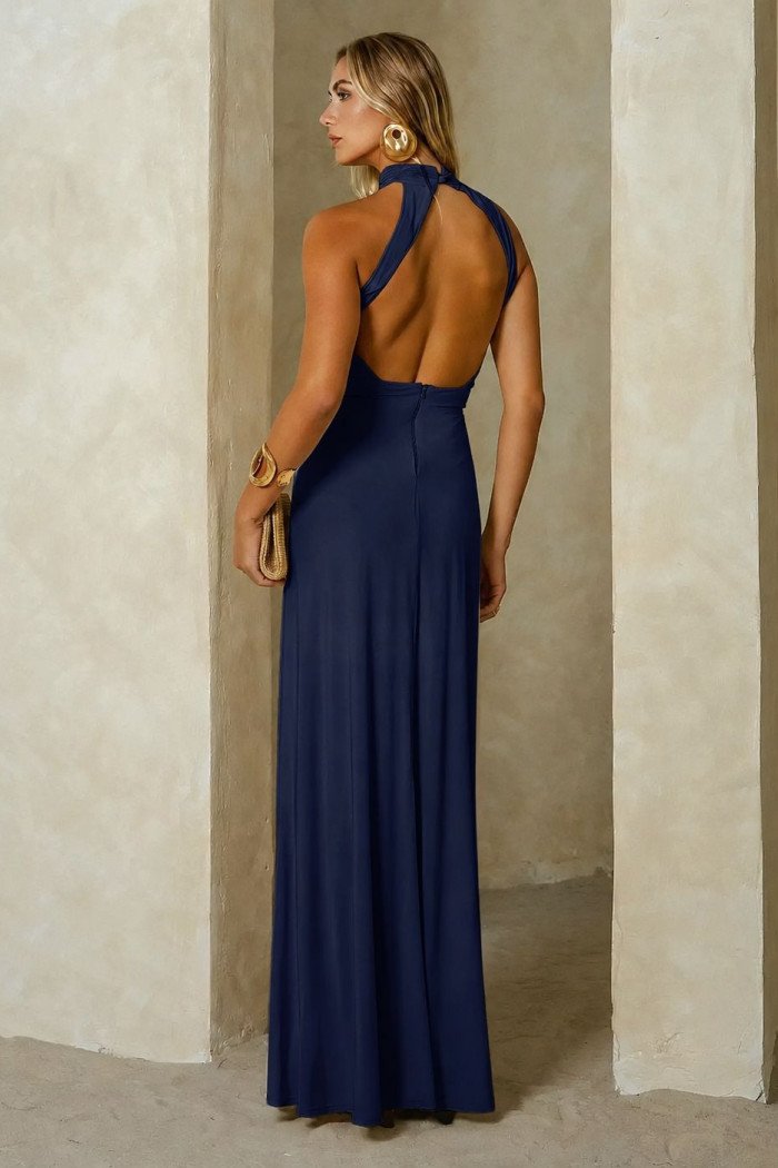 VESTIDO LONGO TALITA FRENTE ÚNICA DETALHE FIVELA - AZUL MARINHO