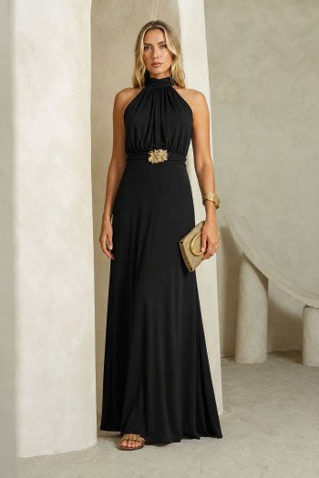 VESTIDO LONGO TALITA FRENTE ÚNICA DETALHE FIVELA - PRETO