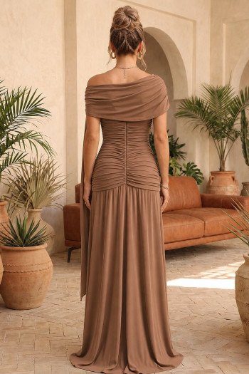 VESTIDO RIVIA LONGO DRAPEADO COM CAPA - CAPUCCINO