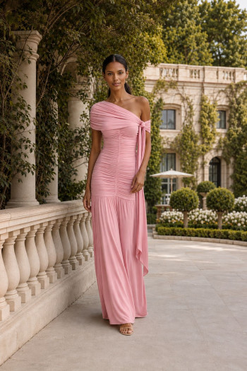 VESTIDO RIVIA LONGO DRAPEADO COM CAPA - ROSA