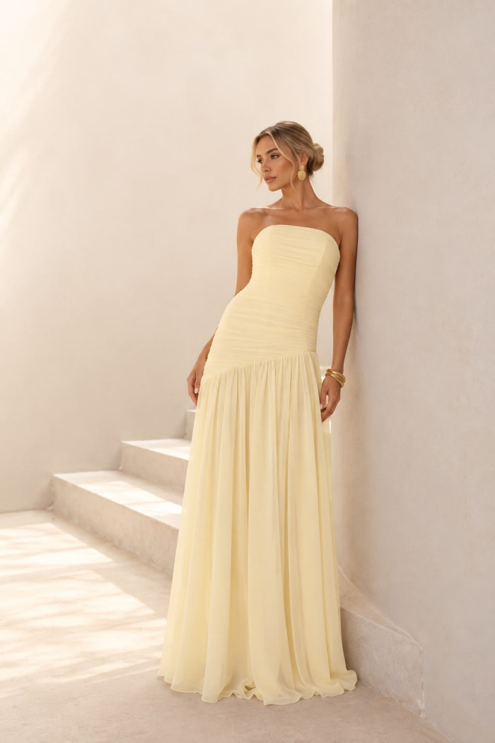 VESTIDO DE FESTA ALICE MICROTULE COM CAPA - AMARELO MANTEIGA