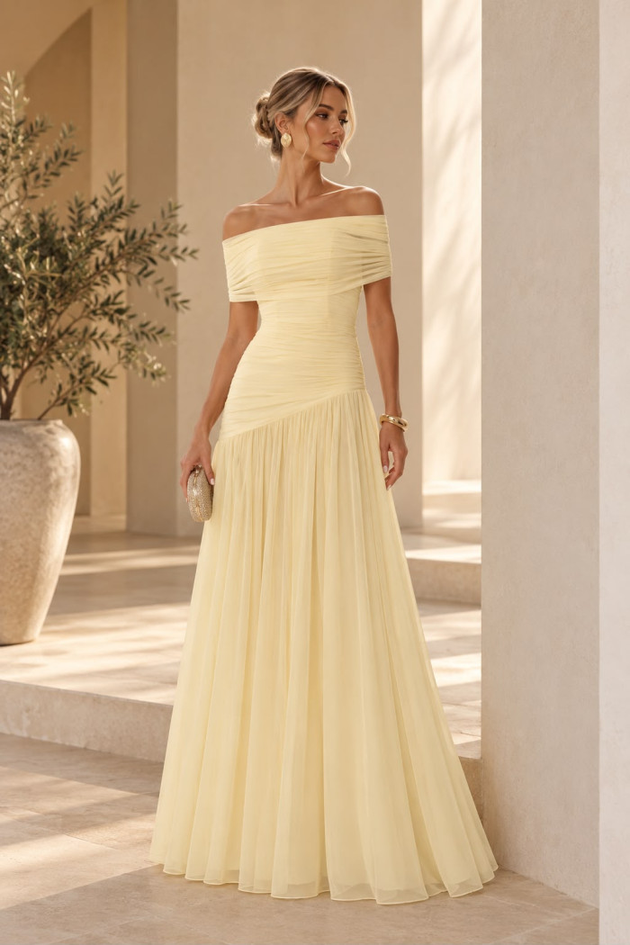 VESTIDO DE FESTA ALICE MICROTULE COM CAPA - AMARELO MANTEIGA
