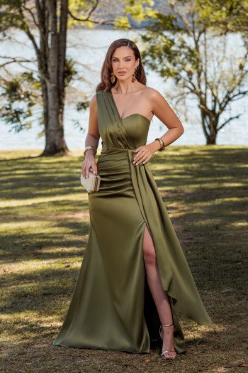 VESTIDO DE FESTA AMÁLIA LONGO UM OMBRO - VERDE OLIVA