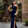 VESTIDO DE FESTA NULA MANGA FLOWERS CREPE FRANCÊS - AZUL MARINHO