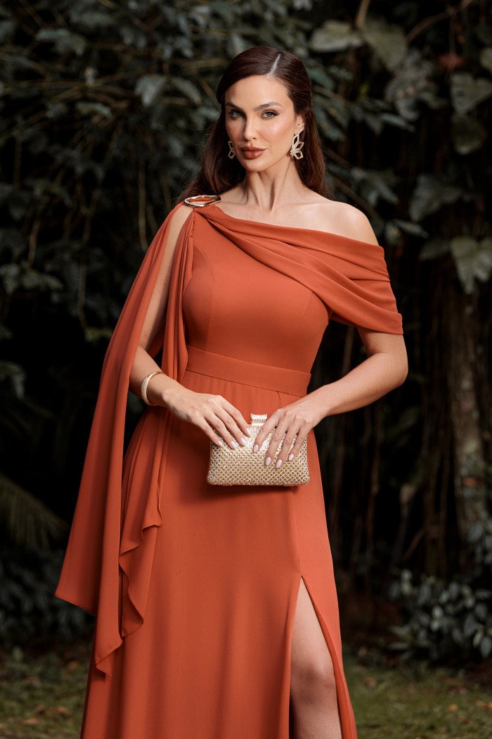 VESTIDO LIVIA UM OMBRO DETALHE FIVELA - TERRACOTA