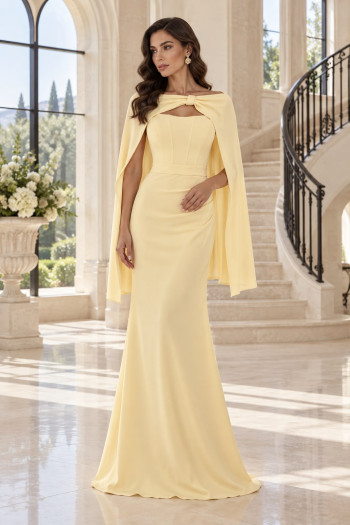 VESTIDO DE FESTE JOANE CREPE ALFAIATARIA COM CAPA - AMARELO MANTEIGA