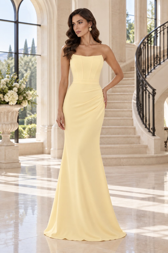 VESTIDO DE FESTE JOANE CREPE ALFAIATARIA COM CAPA - AMARELO MANTEIGA