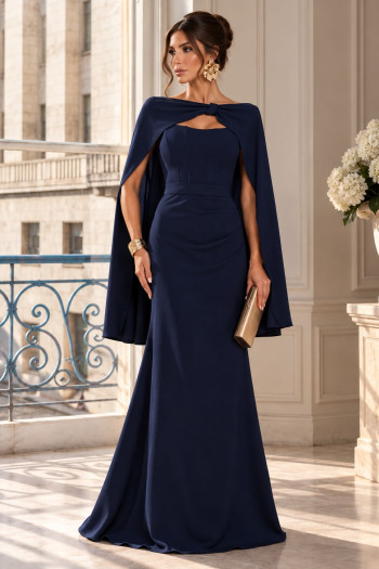 VESTIDO DE FESTE JOANE CREPE ALFAIATARIA COM CAPA - AZUL MARINHO