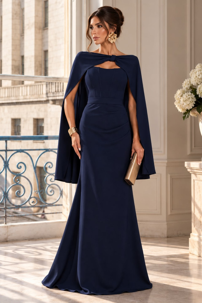 VESTIDO DE FESTE JOANE CREPE ALFAIATARIA COM CAPA - AZUL MARINHO