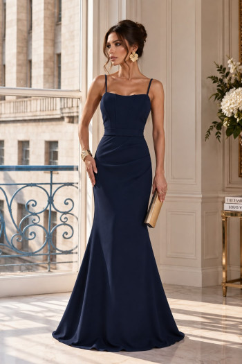 VESTIDO DE FESTE JOANE CREPE ALFAIATARIA COM CAPA - AZUL MARINHO