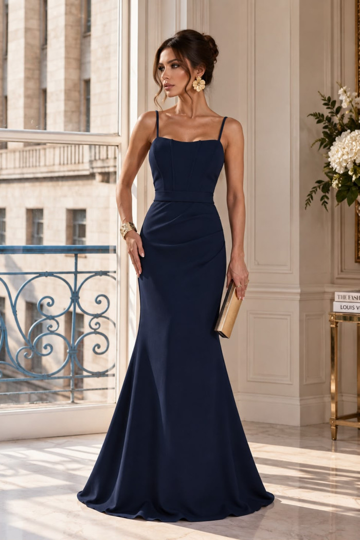 VESTIDO DE FESTE JOANE CREPE ALFAIATARIA COM CAPA - AZUL MARINHO