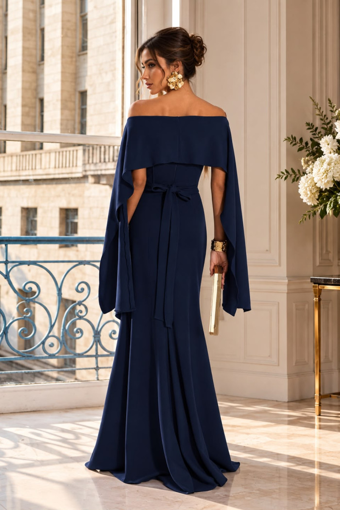 VESTIDO DE FESTE JOANE CREPE ALFAIATARIA COM CAPA - AZUL MARINHO
