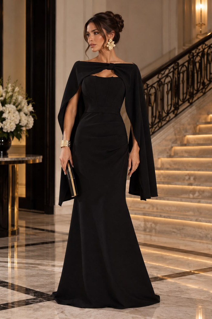 VESTIDO DE FESTE JOANE CREPE ALFAIATARIA COM CAPA - PRETO
