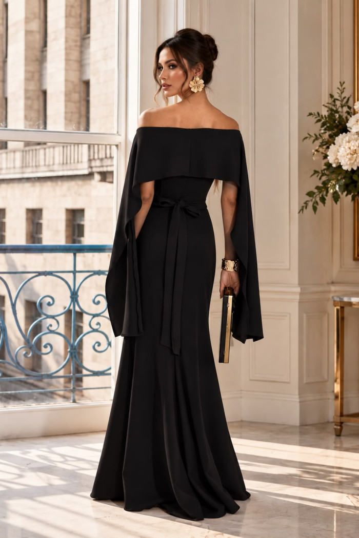 VESTIDO DE FESTE JOANE CREPE ALFAIATARIA COM CAPA - PRETO