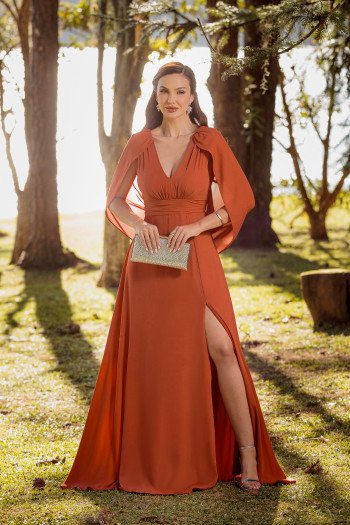 VESTIDO VALERIE CAUDA COSTAS CREPE MUSSELINE - TERRACOTA