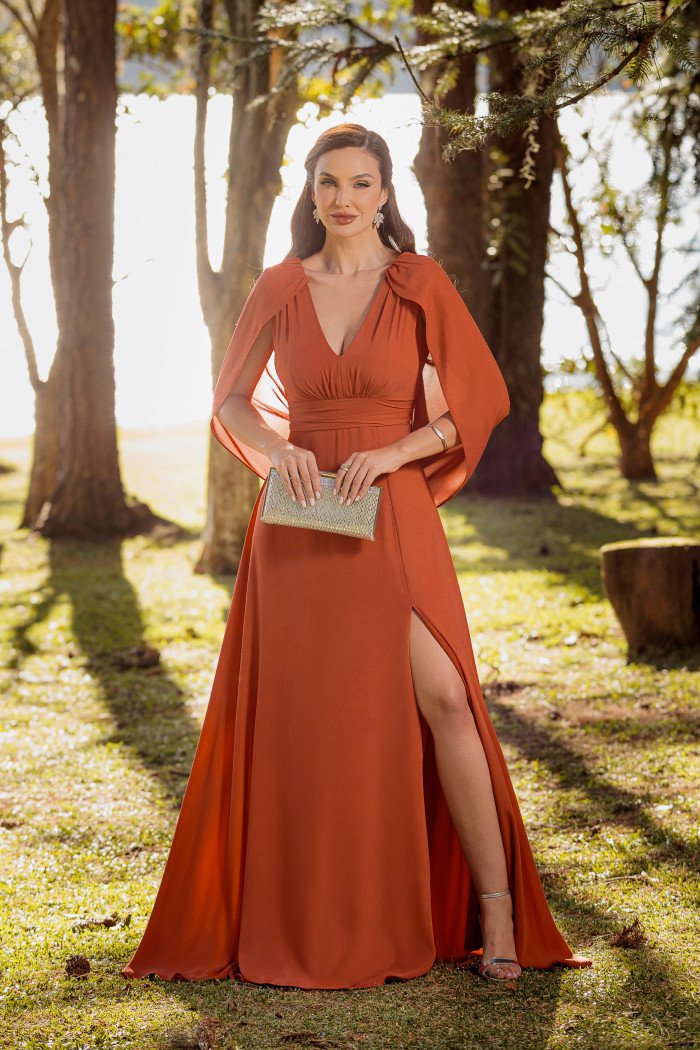 VESTIDO VALERIE CAUDA COSTAS CREPE MUSSELINE - TERRACOTA