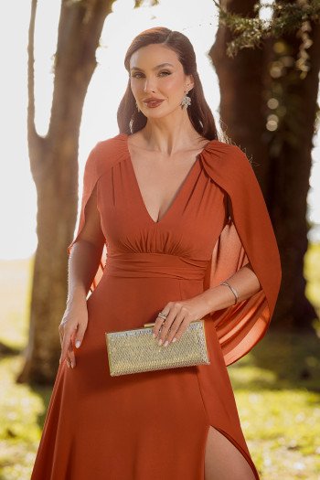 VESTIDO VALERIE CAUDA COSTAS CREPE MUSSELINE - TERRACOTA