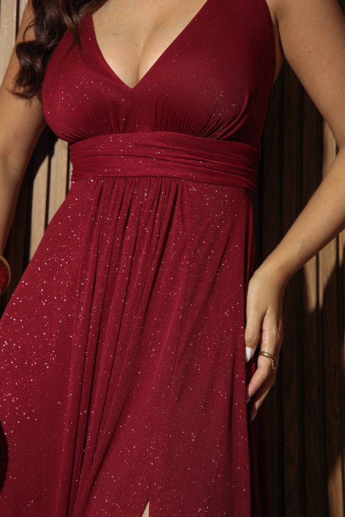 VESTIDO DE FESTA CLÉO LUREX CRISTAL FENDA - MARSALA