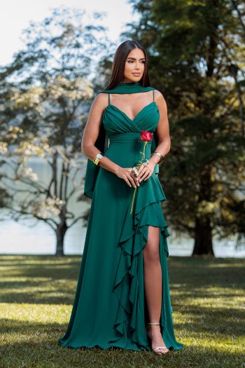 VESTIDO FRANCINE LONGO FENDA CHOKER - VERDE ESMERALDA