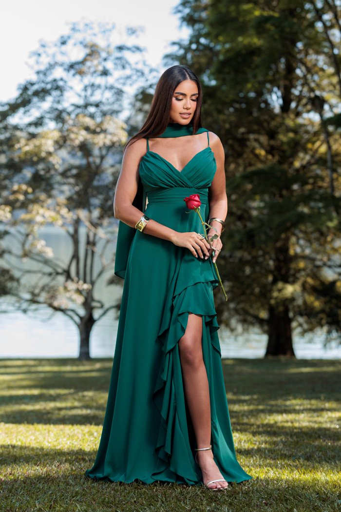VESTIDO FRANCINE LONGO FENDA CHOKER - VERDE ESMERALDA