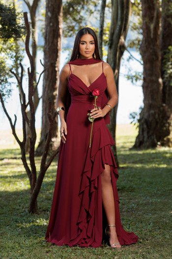 VESTIDO FRANCINE LONGO FENDA CHOKER - MARSALA