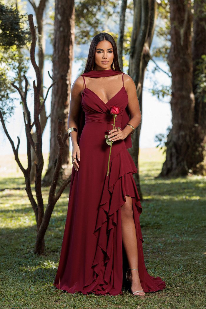 VESTIDO FRANCINE LONGO FENDA CHOKER - MARSALA