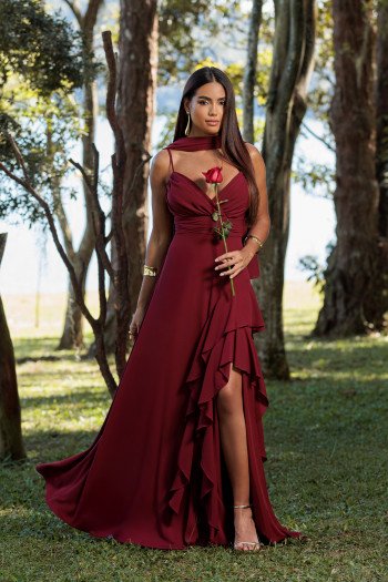 VESTIDO FRANCINE LONGO FENDA CHOKER - MARSALA