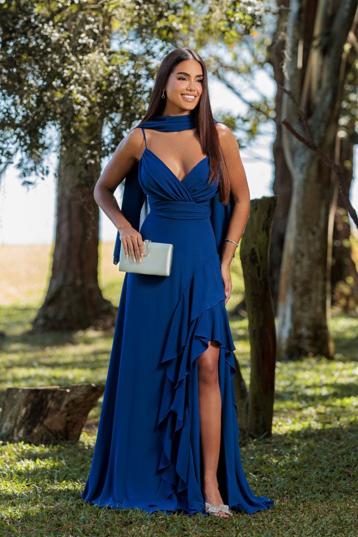 VESTIDO FRANCINE LONGO FENDA CHOKER - AZUL ROYAL