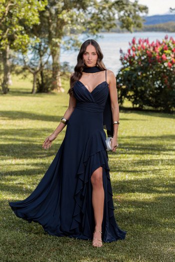 VESTIDO FRANCINE LONGO FENDA CHOKER - AZUL MARINHO