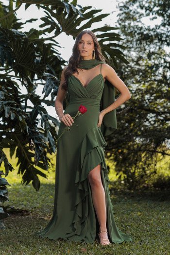 VESTIDO FRANCINE LONGO FENDA CHOKER - VERDE OLIVA