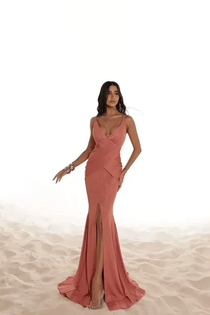 VESTIDO MADELEINE LONGO COM FENDA - ROSÉ