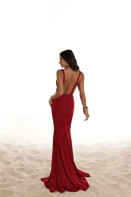 VESTIDO MADELEINE LONGO COM FENDA - VERMELHO