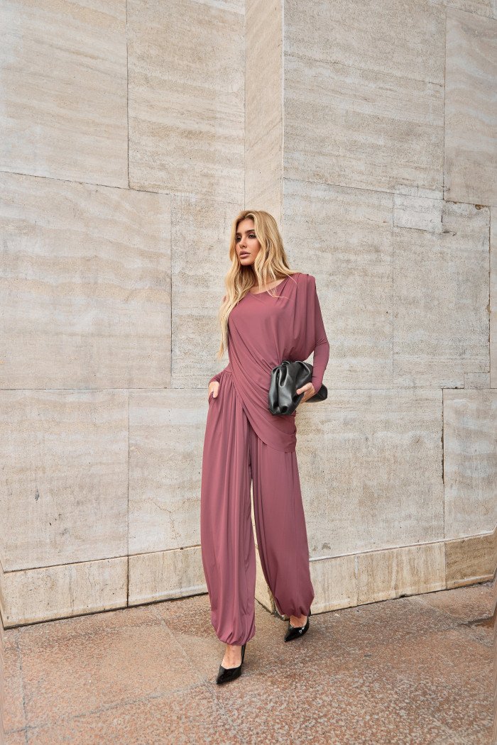 CONJUNTO SUÉCIA CALÇA ALADIM E BLUSA DREPEADA - ROSA SECO