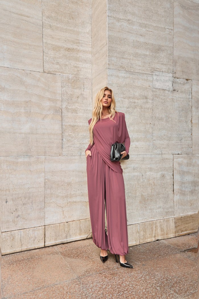 CONJUNTO SUÉCIA CALÇA ALADIM E BLUSA DREPEADA - ROSA SECO