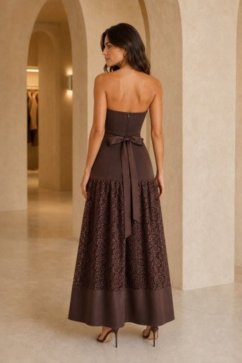 VESTIDO JENNYFER LONGUETE SAIA RENDA - MARROM