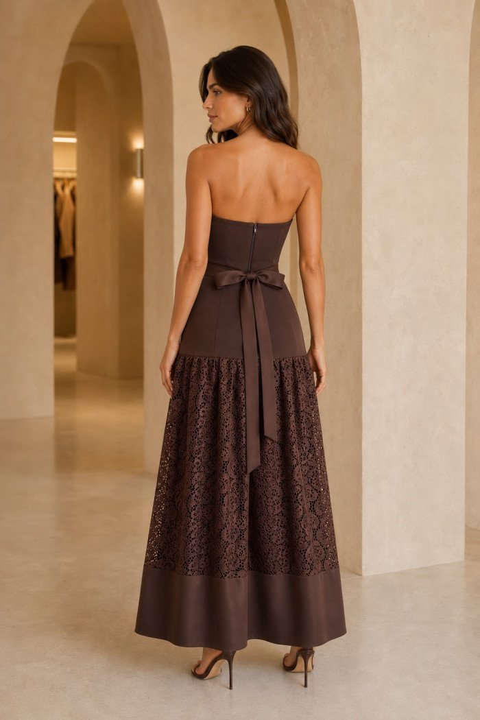 VESTIDO JENNYFER LONGUETE SAIA RENDA - MARROM